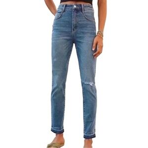 Pilcro Straight Raw-Hem Jeans in Medium Blue Denim by Anthropologie, Size 29